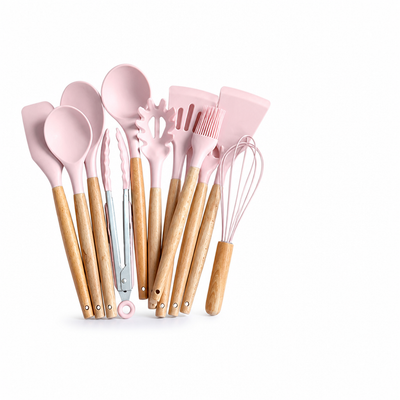 Kitchen Utensil Set 11-Piece Heat-Resistant Silicone With Wood Handles