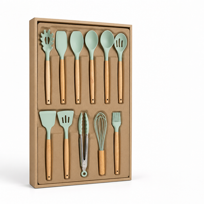 Kitchen Utensil Set 11-Piece Heat-Resistant Silicone With Wood Handles
