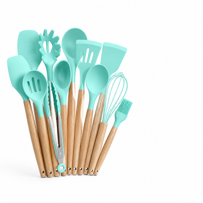 Kitchen Utensil Set 11-Piece Heat-Resistant Silicone With Wood Handles
