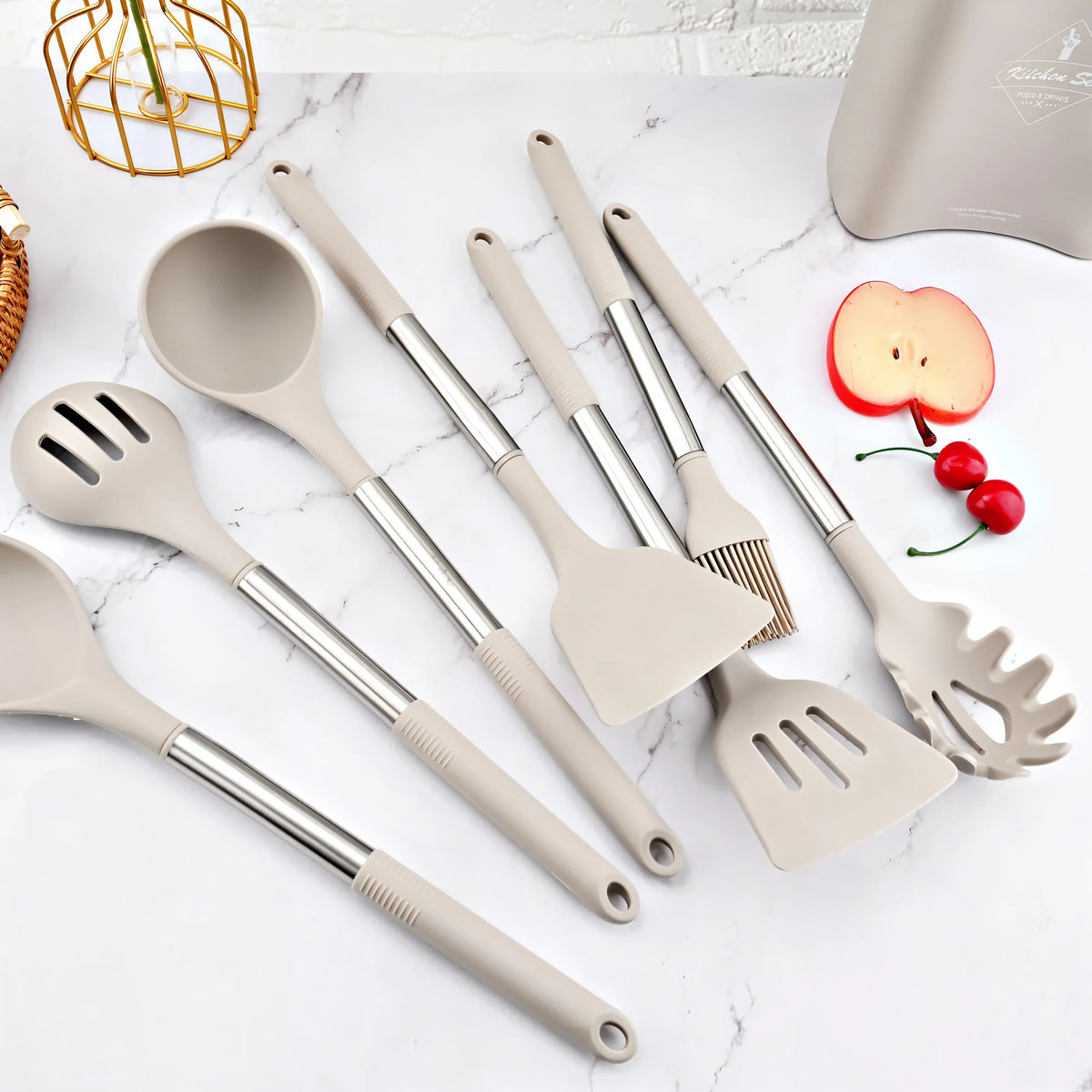 Kitchen Utensil Set 12-Piece Heat-Resistant Silicone Stainless Steel Handles