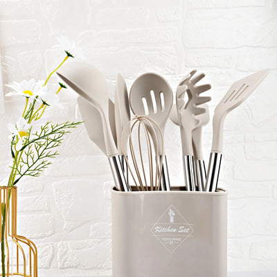 Kitchen Utensil Set 12-Piece Heat-Resistant Silicone Stainless Steel Handles