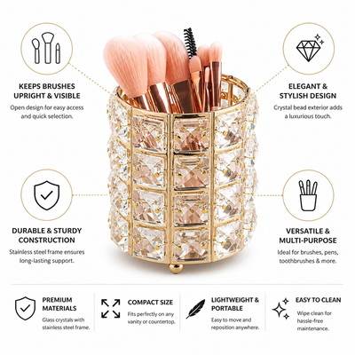Makeup Brush Holder Crystal Bead Stainless Steel