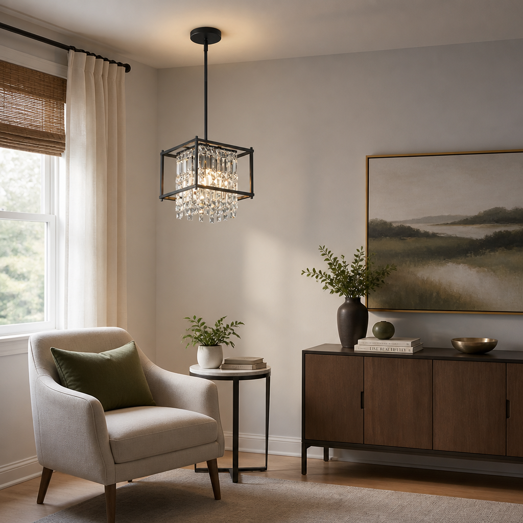 Metal & Crystal Square Pendant Light