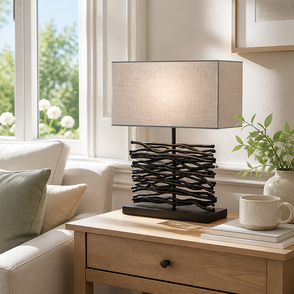 Minimalist Black Wood Fabric Shade Table Lamp