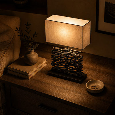 Minimalist Black Wood Fabric Shade Table Lamp