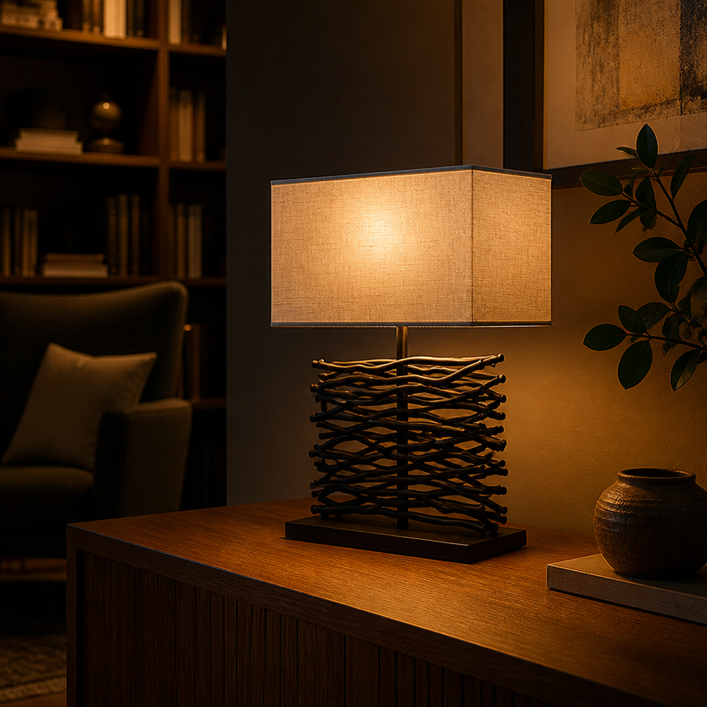 Minimalist Black Wood Fabric Shade Table Lamp
