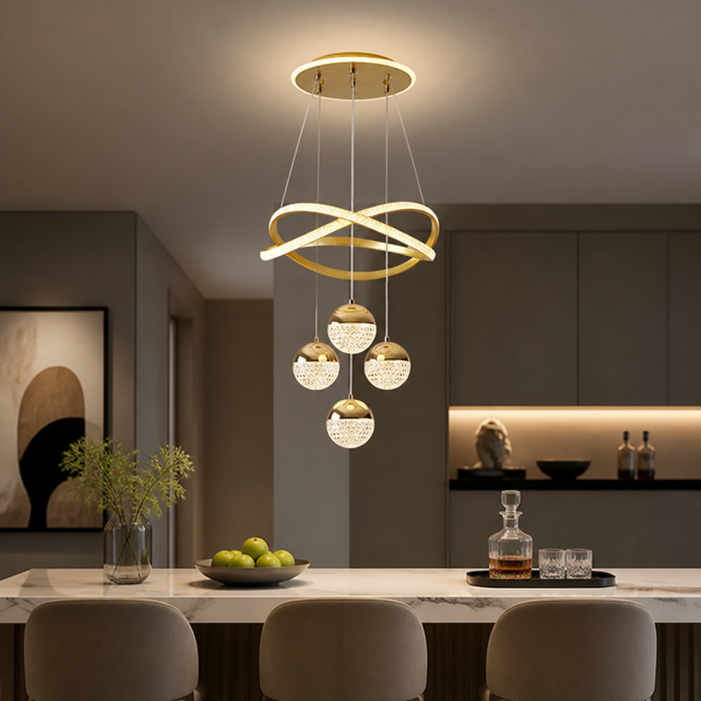 Minimalist Gold LED 4-Ball Chandelier