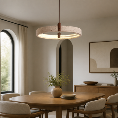 Minimalist Travertine & Wood LED Ring Pendant Light