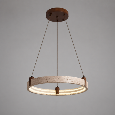 Minimalist Travertine & Wood LED Ring Pendant Light