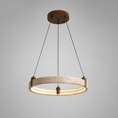 Minimalist Travertine & Wood LED Ring Pendant Light