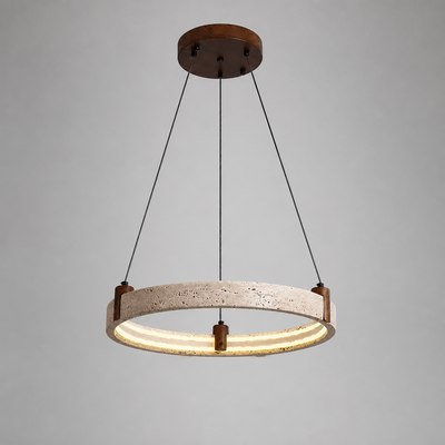 Minimalist Travertine & Wood LED Ring Pendant Light