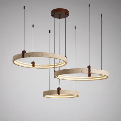 Minimalist Travertine & Wood LED Ring Pendant Light