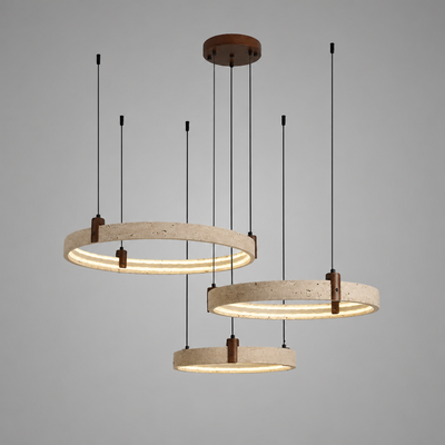 Minimalist Travertine & Wood LED Ring Pendant Light