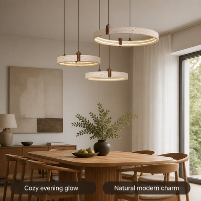 Minimalist Travertine & Wood LED Ring Pendant Light