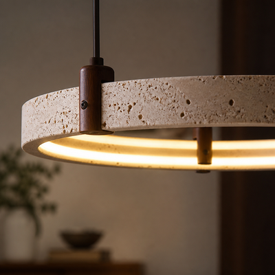 Minimalist Travertine & Wood LED Ring Pendant Light