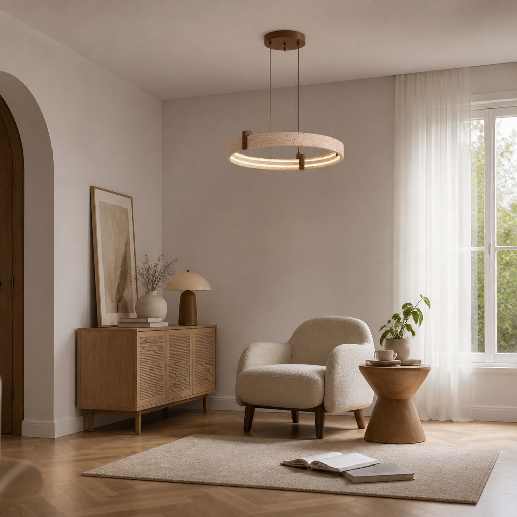 Minimalist Travertine & Wood LED Ring Pendant Light