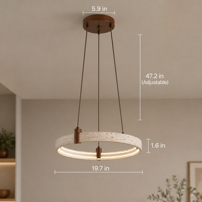Minimalist Travertine & Wood LED Ring Pendant Light