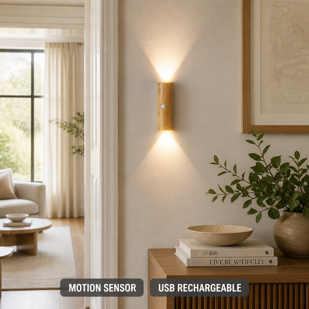 Minimalist Wood-Grain LED Motion Sensor Night Light