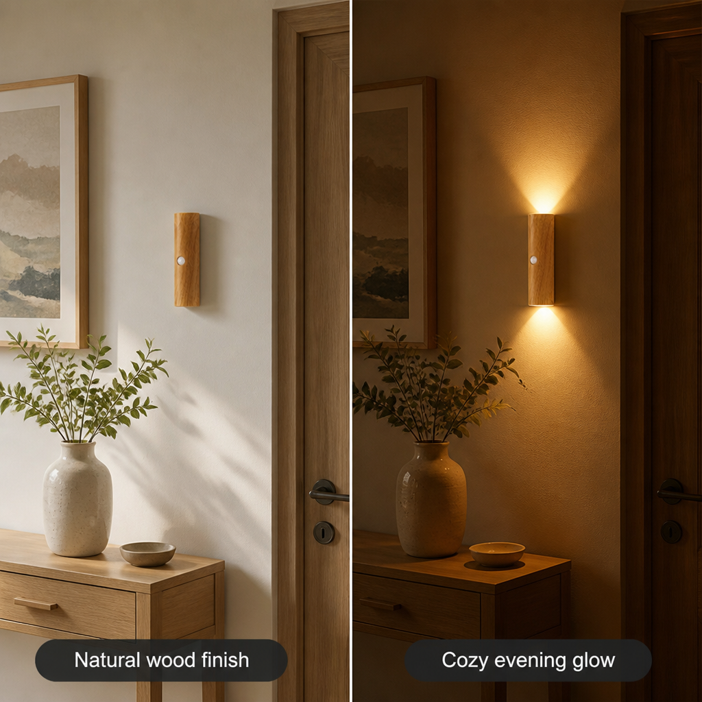 Minimalist Wood-Grain LED Motion Sensor Night Light