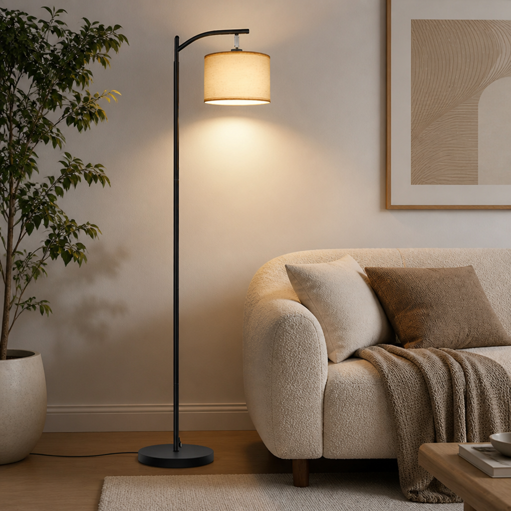 Modern Beige Linen Arc Floor Lamp