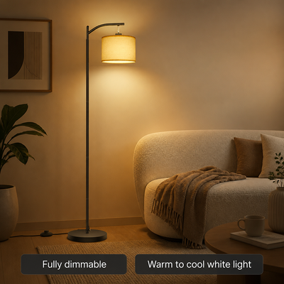 Modern Beige Linen Arc Floor Lamp