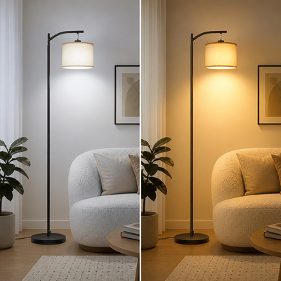 Modern Beige Linen Arc Floor Lamp