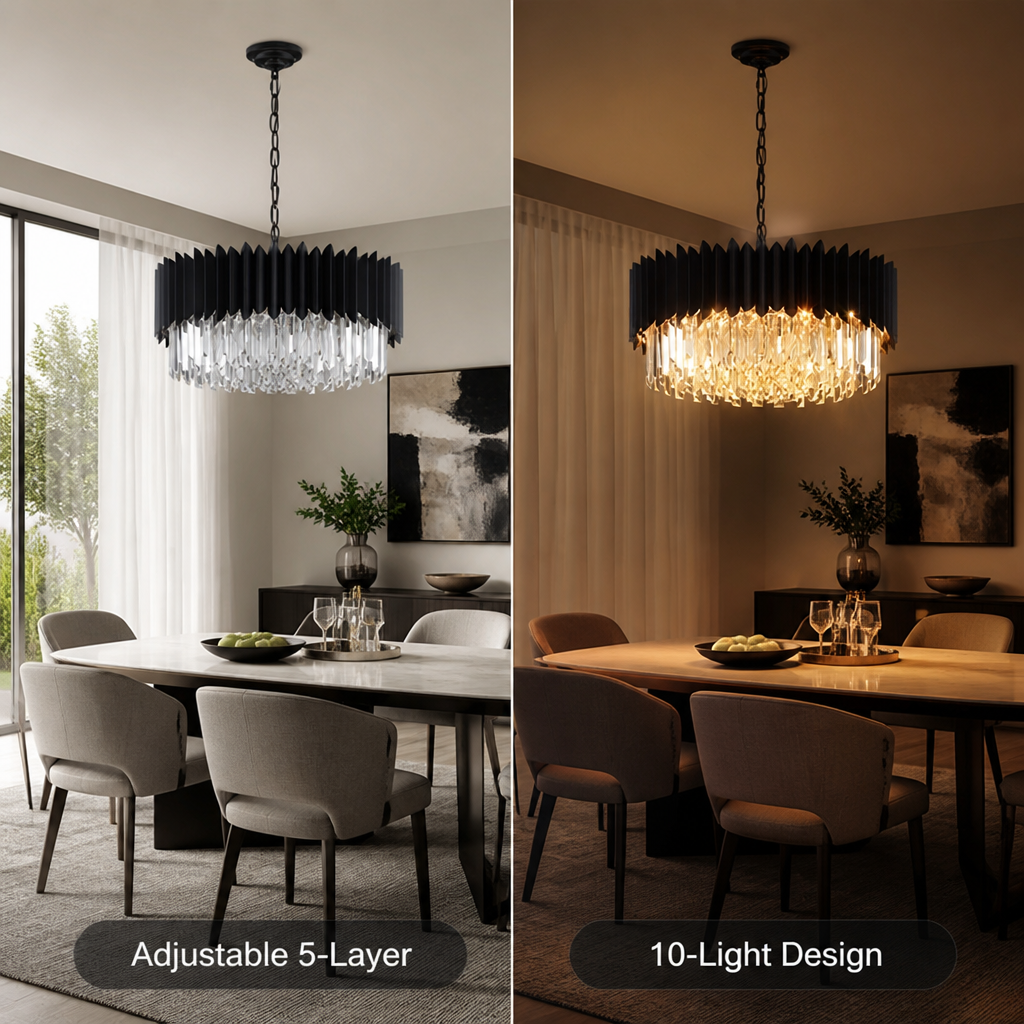 Modern Black Crystal Adjustable Five-Layer Chandelier