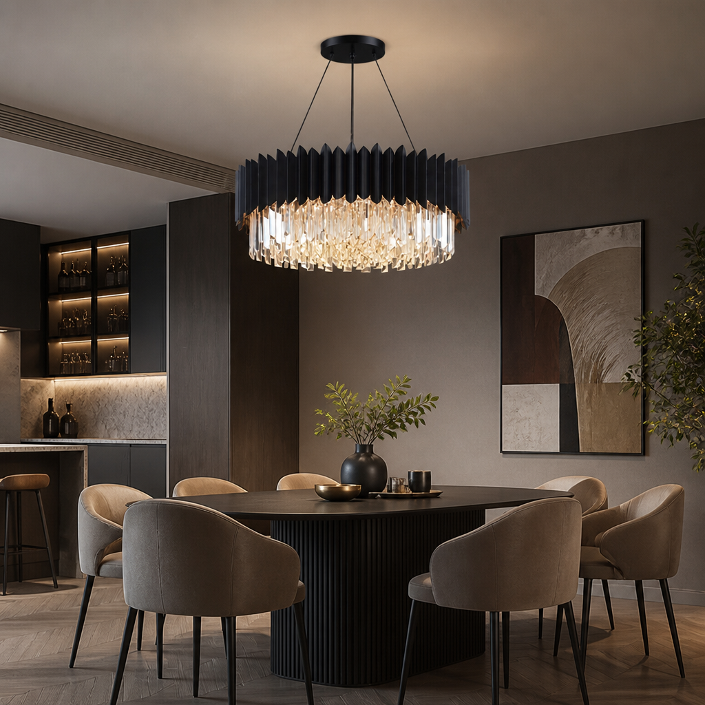 Modern Black Crystal Adjustable Five-Layer Chandelier