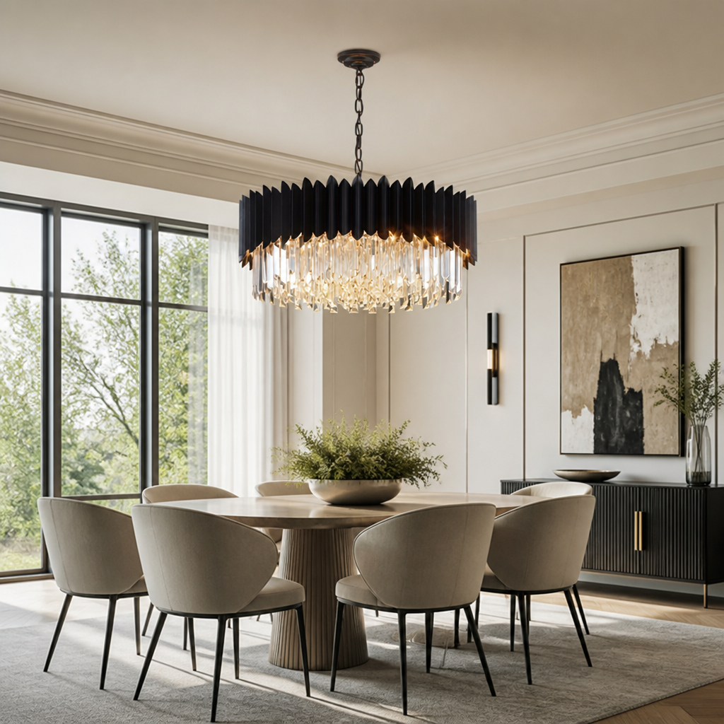 Modern Black Crystal Layered Circular Chandelier