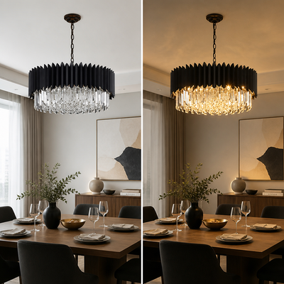 Modern Black Crystal Layered Circular Chandelier