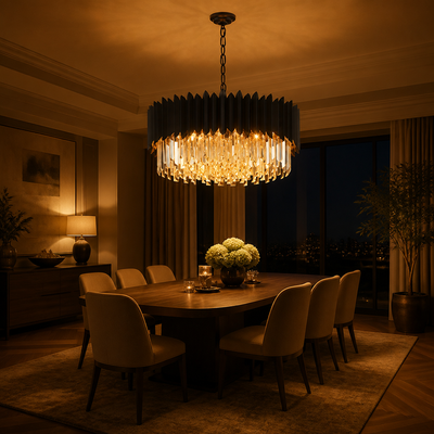 Modern Black Crystal Layered Circular Chandelier