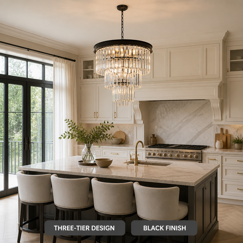 Modern Black Crystal Three-Tier Chandelier
