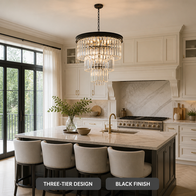 Modern Black Crystal Three-Tier Chandelier