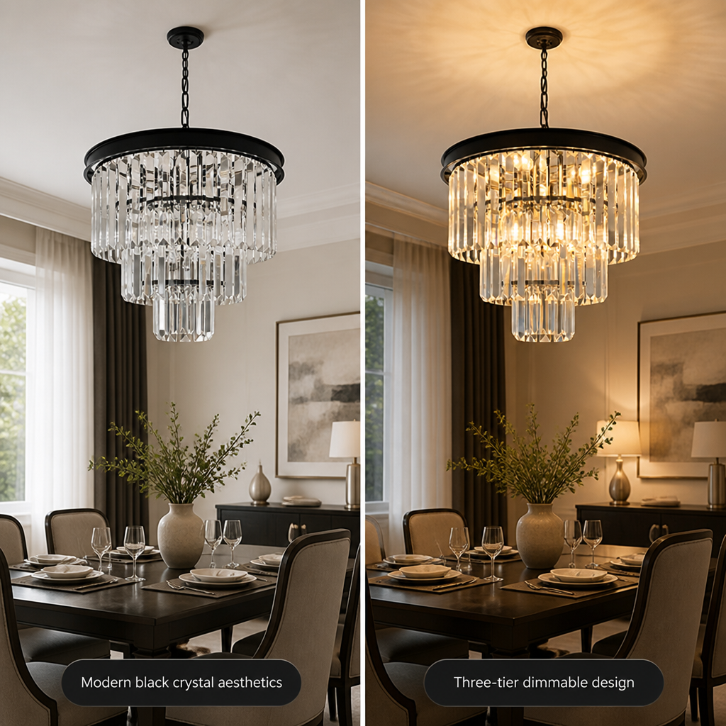Modern Black Crystal Three-Tier Chandelier