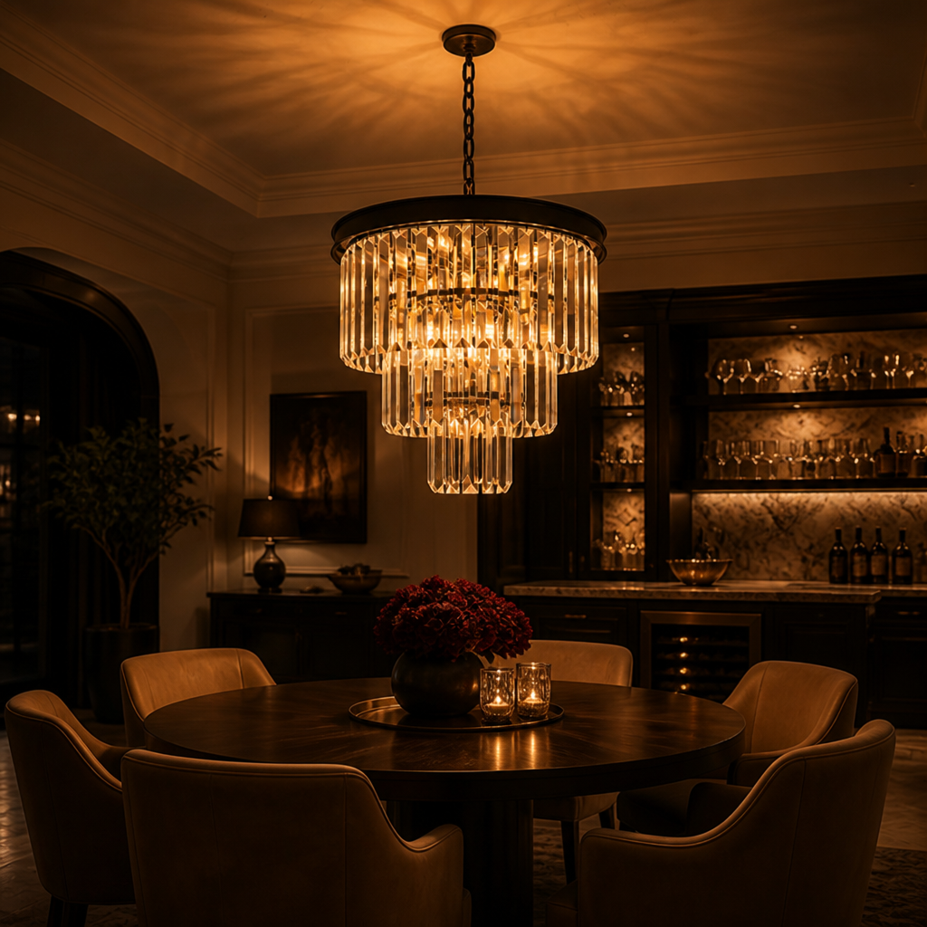 Modern Black Crystal Three-Tier Chandelier
