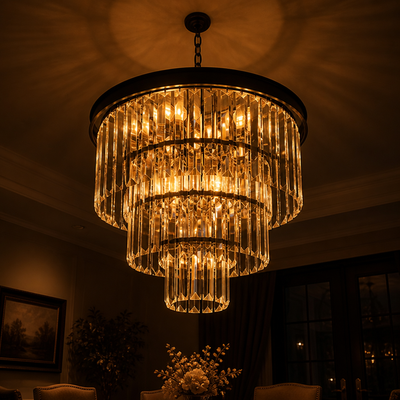 Modern Black Crystal Three-Tier Chandelier