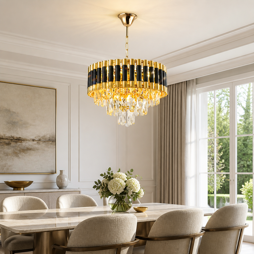 Modern Black & Gold Three-Tier Water-Drop Chandelier