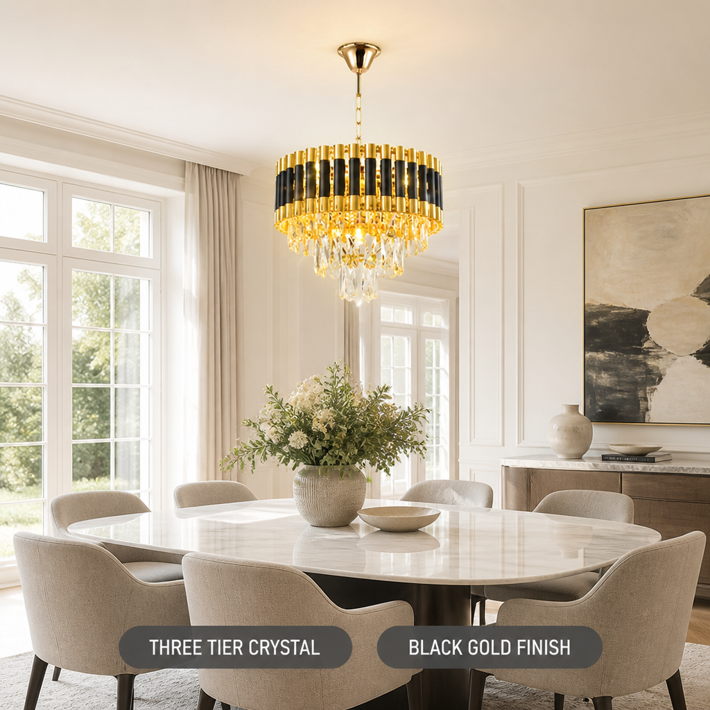 Modern Black & Gold Three-Tier Water-Drop Chandelier