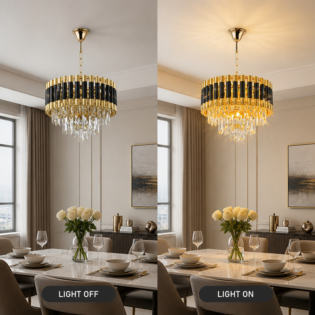 Modern Black & Gold Three-Tier Water-Drop Chandelier