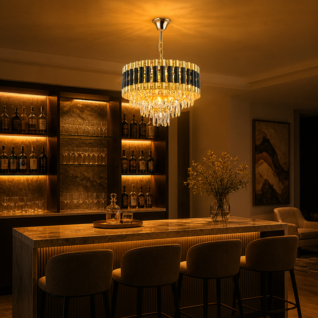 Modern Black & Gold Three-Tier Water-Drop Chandelier