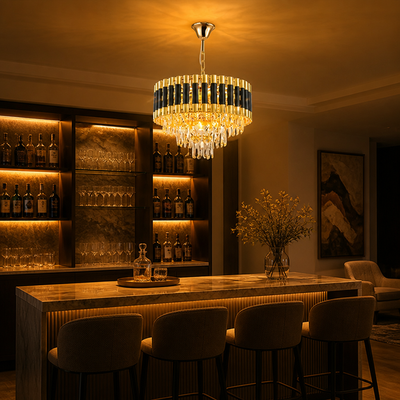 Modern Black & Gold Three-Tier Water-Drop Chandelier