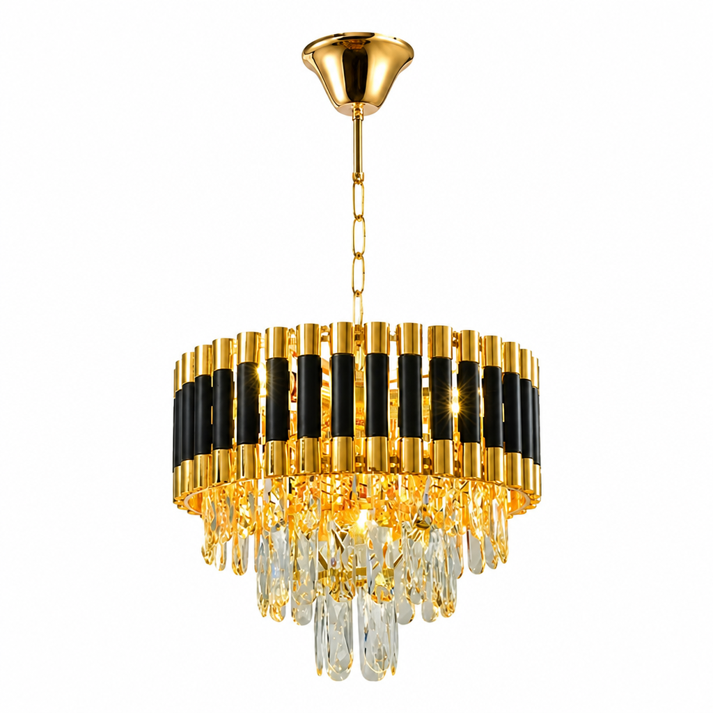 Modern Black & Gold Three-Tier Water-Drop Chandelier