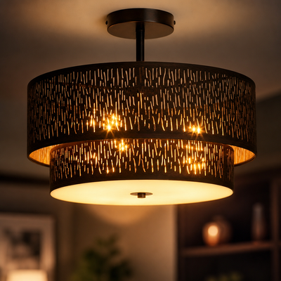 Modern Black Linen Perforated Drum Ceiling Light