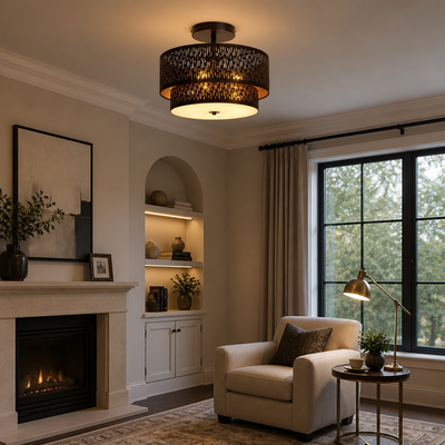 Modern Black Linen Perforated Drum Ceiling Light
