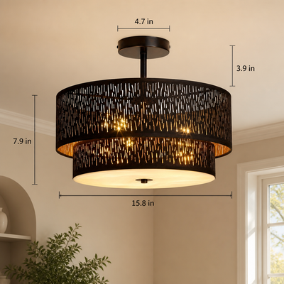 Modern Black Linen Perforated Drum Ceiling Light