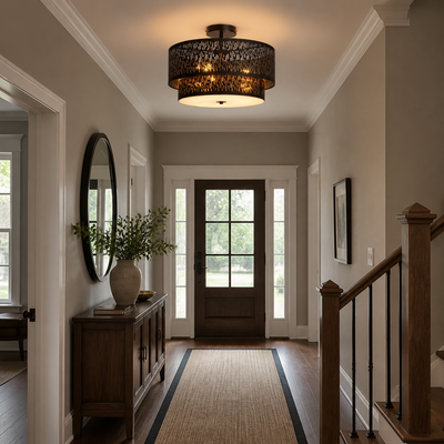 Modern Black Linen Perforated Drum Ceiling Light