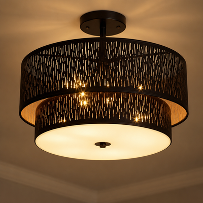 Modern Black Linen Perforated Drum Ceiling Light