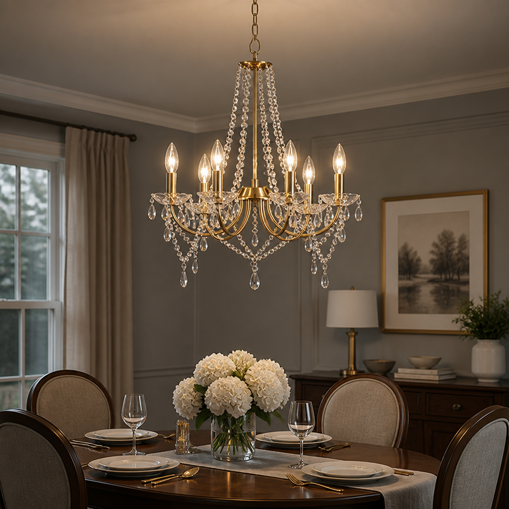 Modern Gold Crystal 6-Head Pendant Light