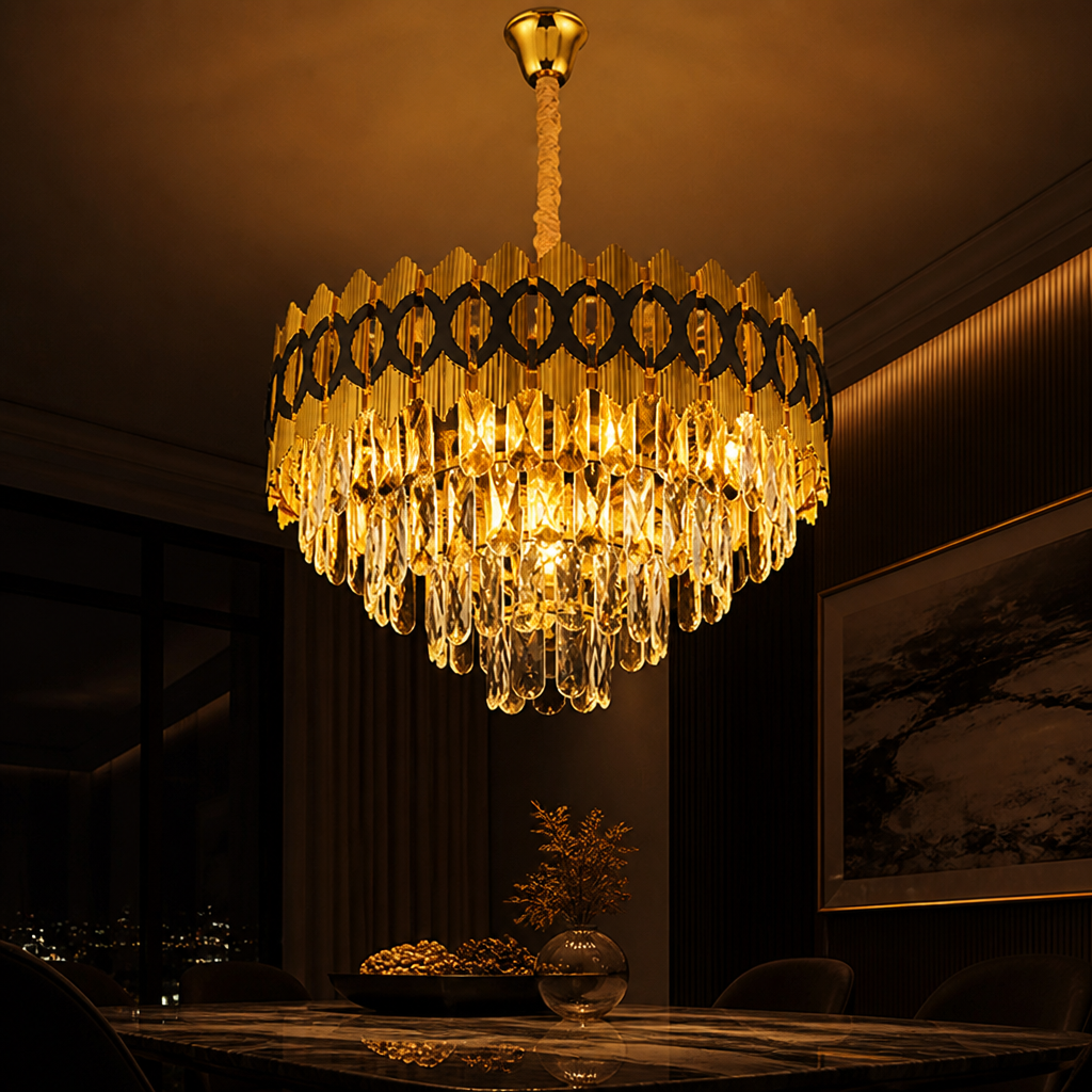 Modern Gold Crystal Adjustable Height Chandelier