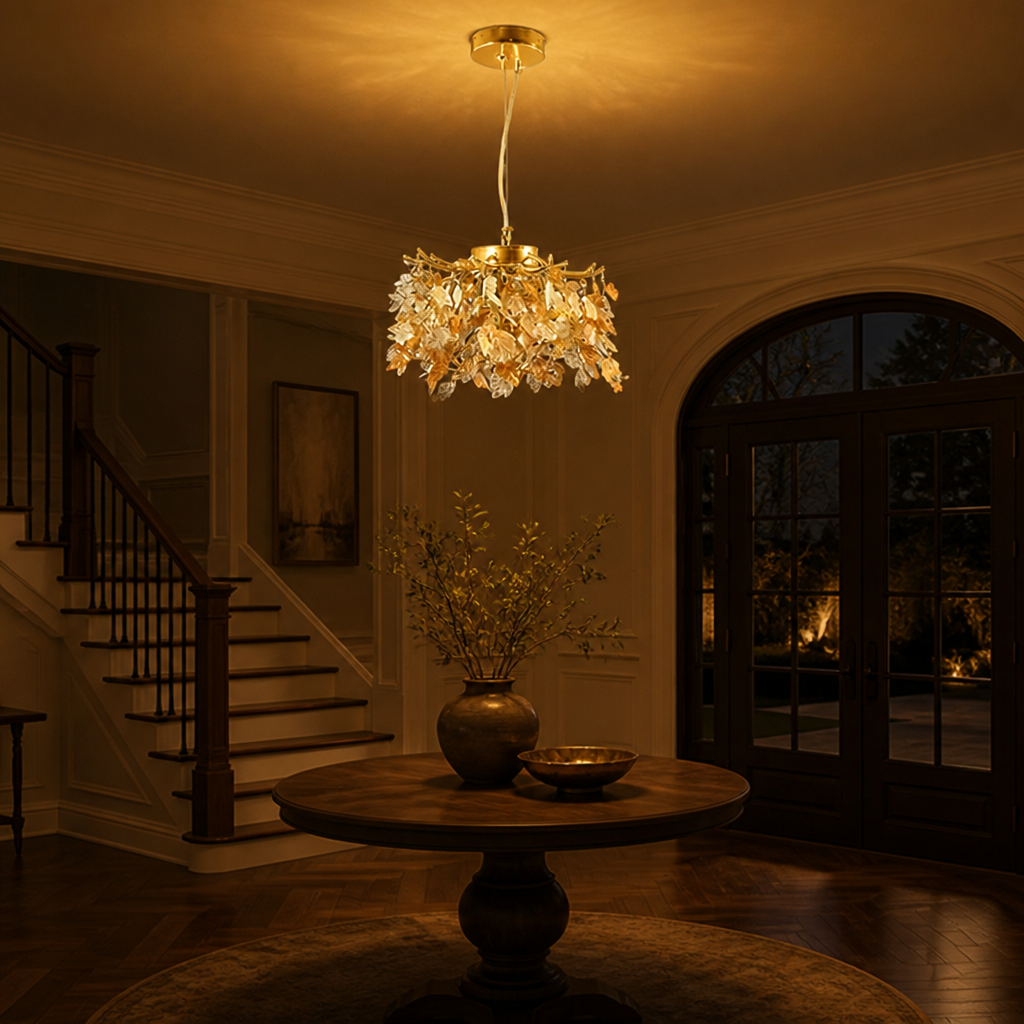 Modern Gold Crystal Maple Leaf Branch Chandelier